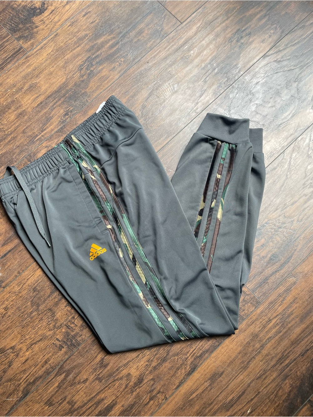 adidas Dark Gray Track Pants with Green Camo Stripes
